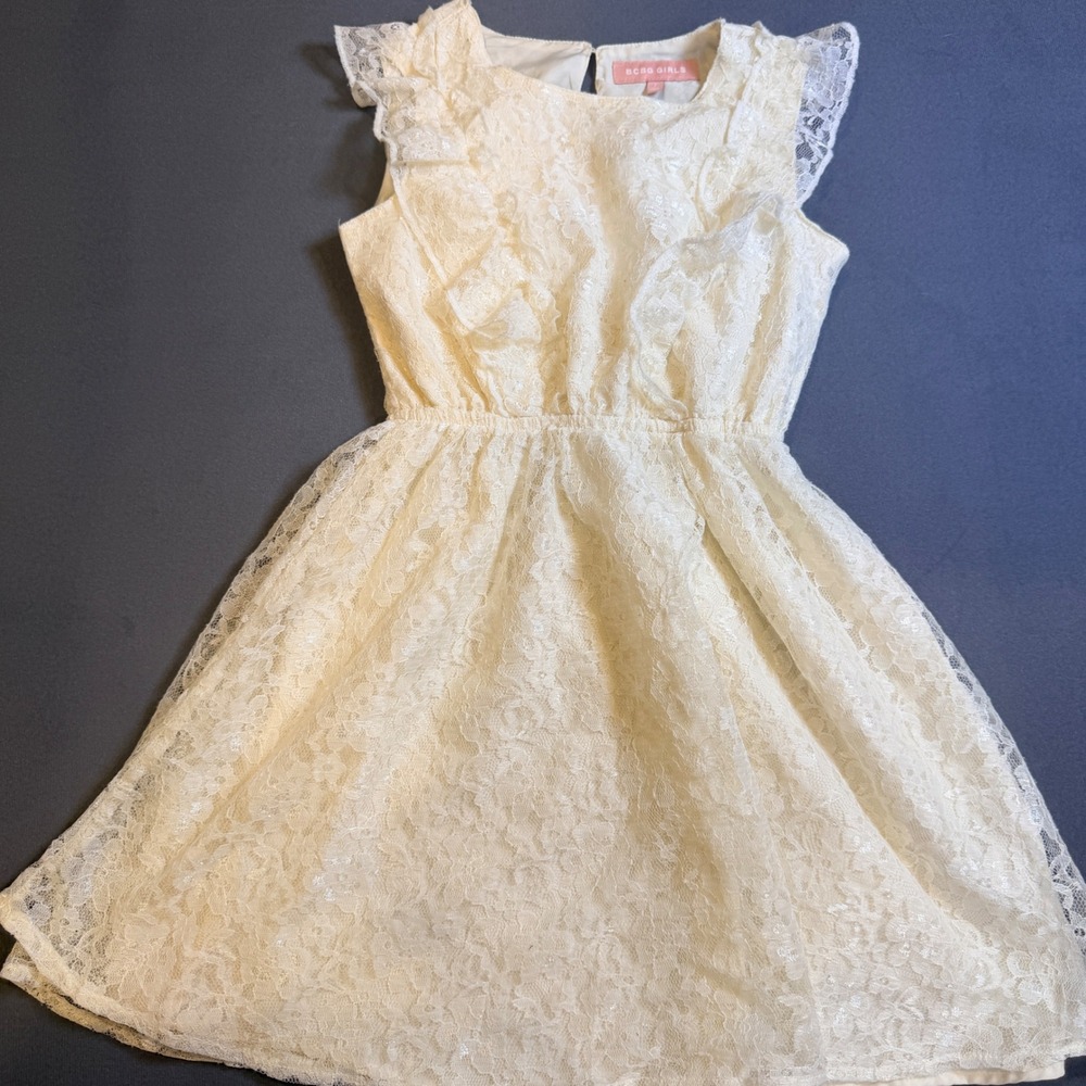 BCBG Girls Dress Size 7 Cream Ivory Lace Ruffle Sleeveless Party Flower Girl